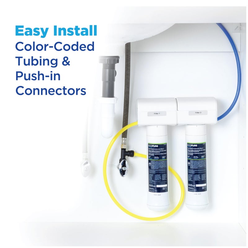 EcoPure ECOP20 2 Stage Under Sink Water Filter System â€“ NSF-Certified to Reduce 58 Contaminants â€“ Clean Drinking Water â€“ Easy Filter Changes â€“ Includes Chrome Faucet & Filters - Image 4